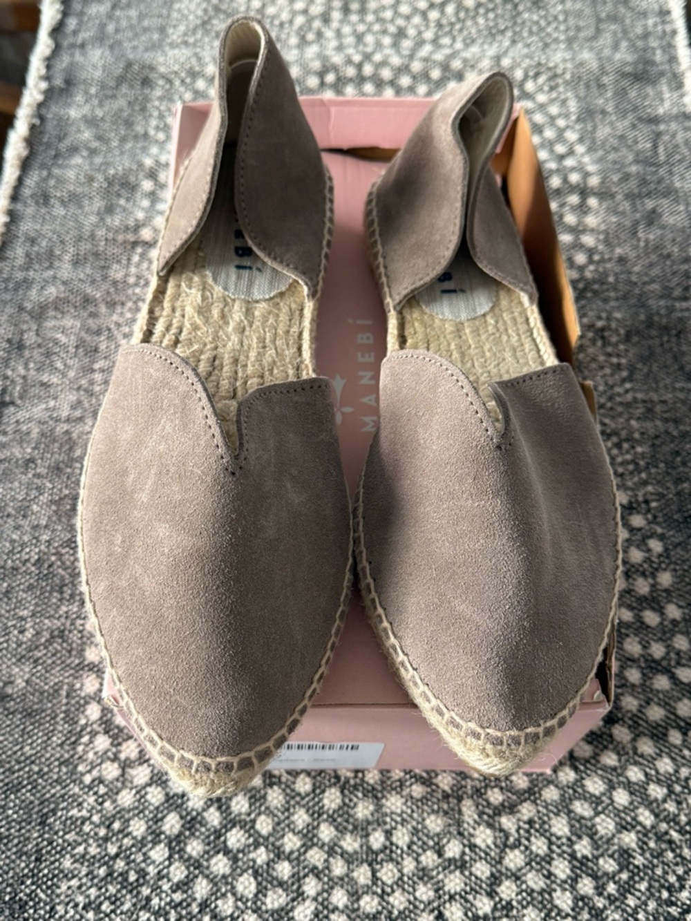 Manebi Open Side Flats - Hamptons Suede Espadrille Slip-On in Taupe - Size 40
